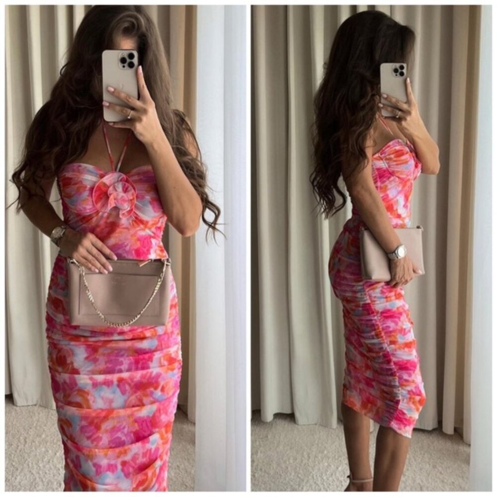 Zara Printed Tulle Dress Pink Flower BLOGGER FAVORITE